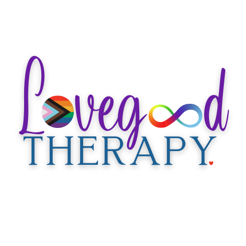 Lovegood Therapy logo - the "o" in love is the progress pride flag and the "oo" in good is the rainbow infinity symbol.